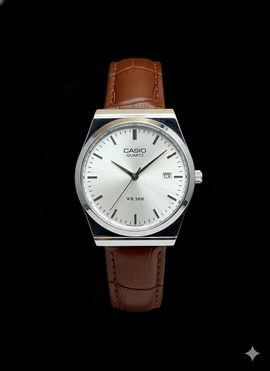 casio fond blanc manche cuir marron
